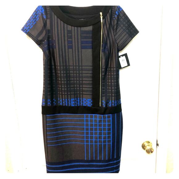 NWT Blue and Brown window pane short sleeve midi shift Dress size 10 Ellen Tracy - Picture 11 of 11